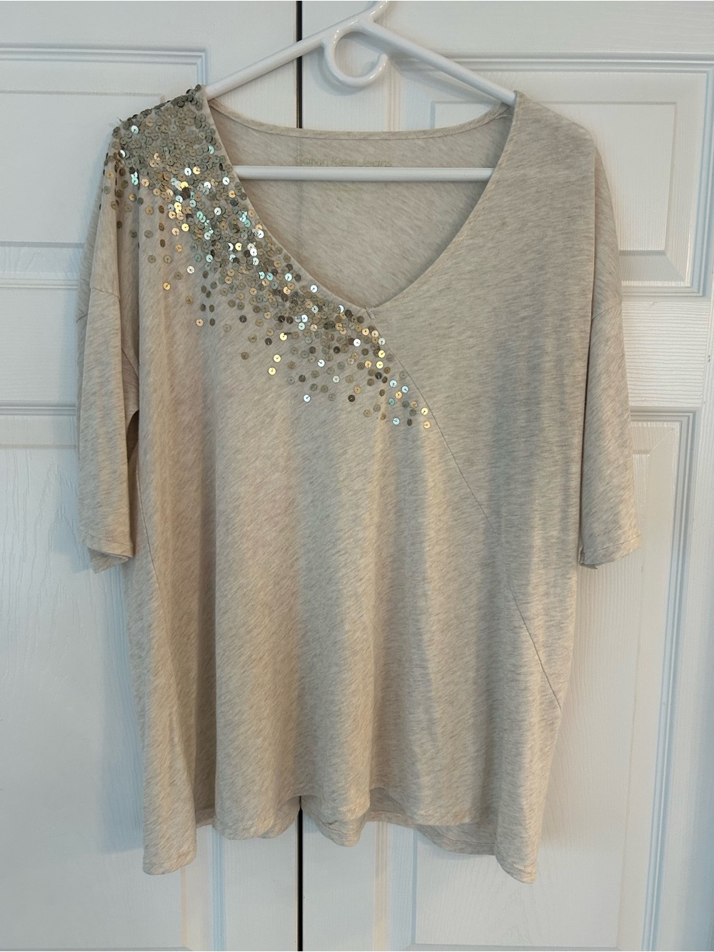 Calvin Klein Women’s Beige Sequin Accent V-Neck Cotton Tunic Blouse Shirt Size M